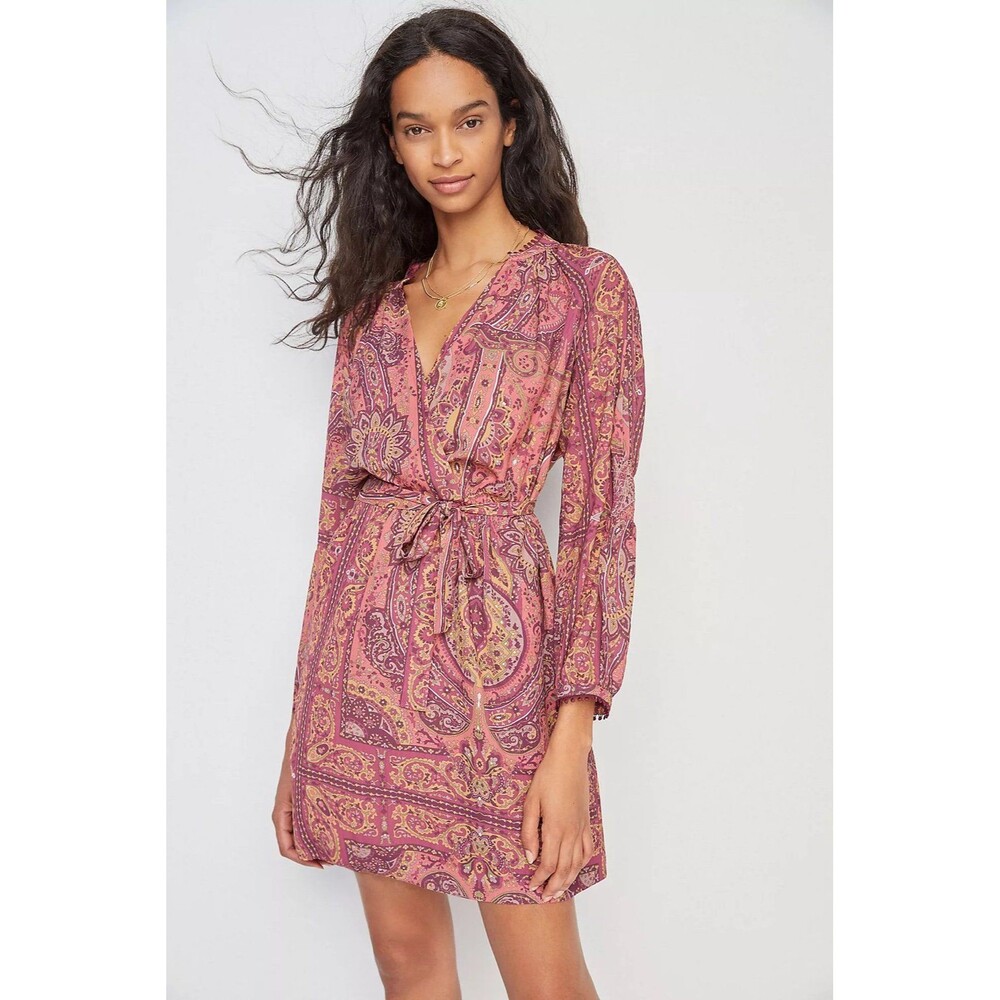 Anthropologie TINY Odetta Paisley Surplice Faux Wrap Mini Dress Pockets XS